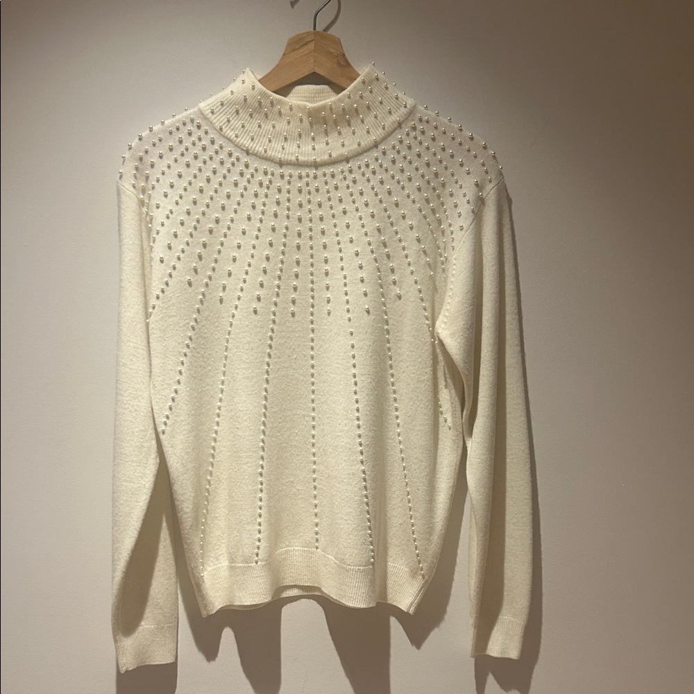 Dressbarn Cream Turtleneck Sweater with Pearl Accents